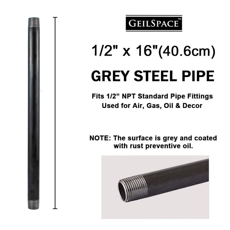 GeilSpace 6 Pack 1/2" Ã— 16" Heavy Duty Pre-Cut Grey Metal Pipe, Industrial Steel Fits Standard Half Inch Threaded Pipes and Fittings - Vintage DIY Industrial Shelving (1/2" Ã— 16", Grey) - Image 2